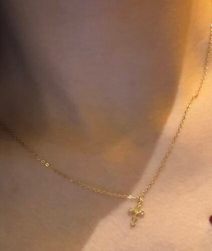 Click to view full screen S925 sterling silver plated with 14K gold mini cross necklace photo review