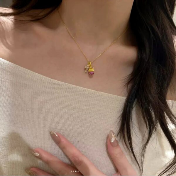 S925 silver brushed pink diamond pine cone cross necklace