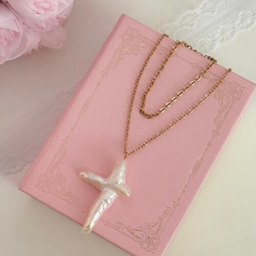 IMG_2973 Cross Freshwater Pearl Double Layer Necklace