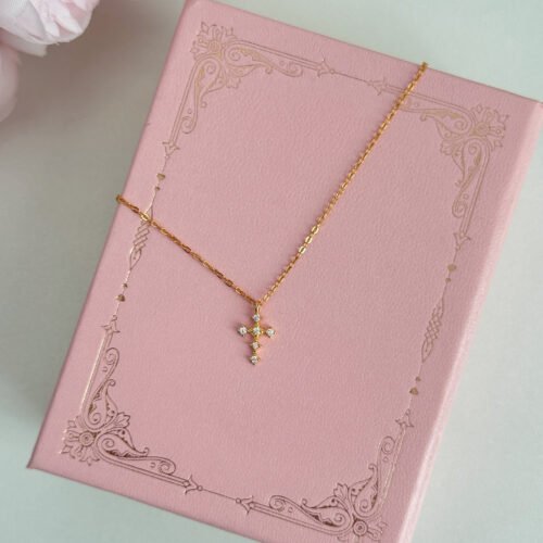 S925 sterling silver plated with 14K gold mini cross necklace